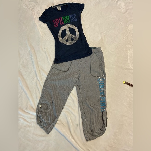Vintage PINK Victoria's Secret Navy Blue Pj Capri Relaxed Set - Picture 1 of 13